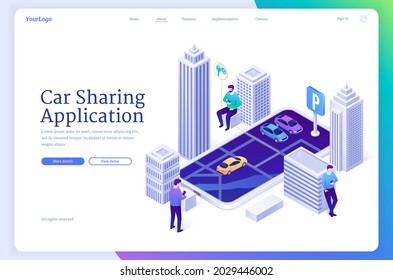 Car sharing application isometric landing page. Online carsharing app mobile service, auto drive on huge smartphone screen with city map, people order transportation using phones, 3d vector web banner