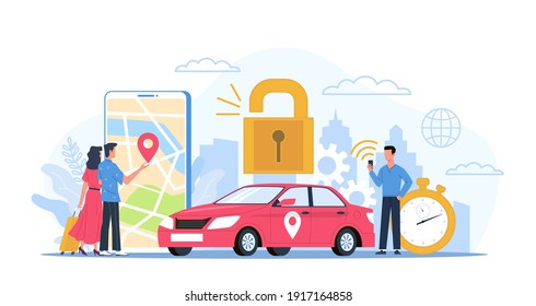 Car sharing. Automobile rental service concept. Smartphone application for GPS navigation and reliable transport order. Urban landscape and signs of stopwatch and lock. Vector city transportation