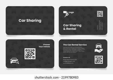 Car Sharing Automobile Rental Service Business Card Set Vector Illustration. Commercial Transport Rent Assistance Company Branding Identification Promo Black Design. Searching Vehicle Urban Journey