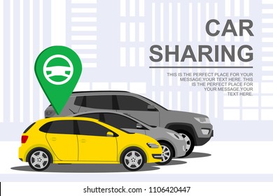 Car sharing banner with auto. Automobile concept on city background. Rental auto. Rent service and carpooling. Vector Illustration 10 eps