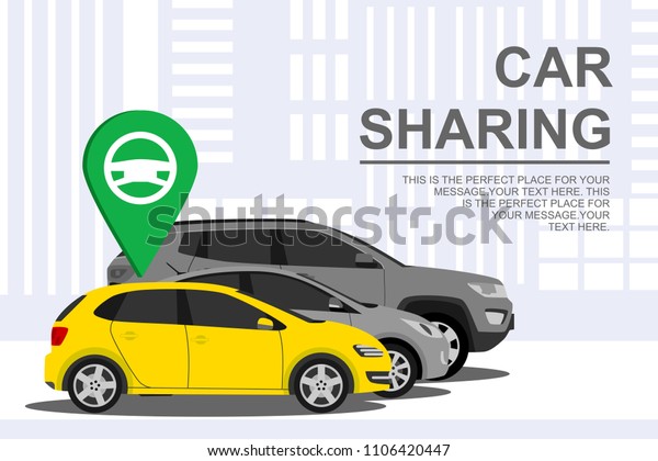 Car sharing banner with auto. Automobile concept on\
city background. Rental auto. Rent service and carpooling. Vector\
Illustration 10 eps