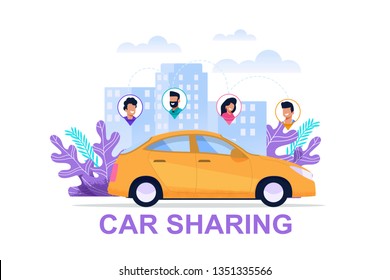 Cartel para compartir Camión. Concepto de transporte económico. Ilustración del entorno de Cityscape con el icono de ubicación de personas. Cartel de Cartoon Cab Drive Sharing. Compañero de viajes. Carpool de imágenes vectoriales.