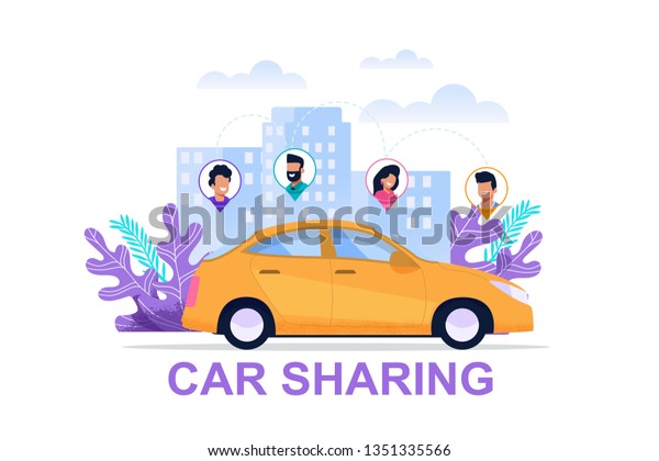 Car\
Sharing Banner. Economy Transport Concept. Cityscape Environment\
Illustration with People Location Icon. Cartoon Cab Drive Sharing\
Banner. Travel Companion. Vector Image\
Carpool.