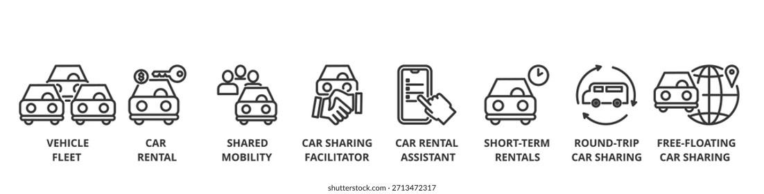 Concepto de Ilustración vectorial de Anuncio de coche compartido con icono de flota de vehículos, alquiler, movilidad compartida, facilitador de compartir, asistente de alquiler, alquileres de corto tiempo, coche compartido de ida y vuelta