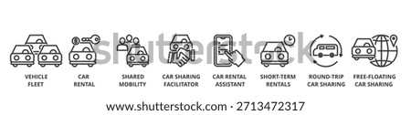 Car sharing banner vector illustration concept with icon of vehicle fleet,  rental, shared mobility,  sharing facilitator, rental assistant, short time rentals, round trip car sharing