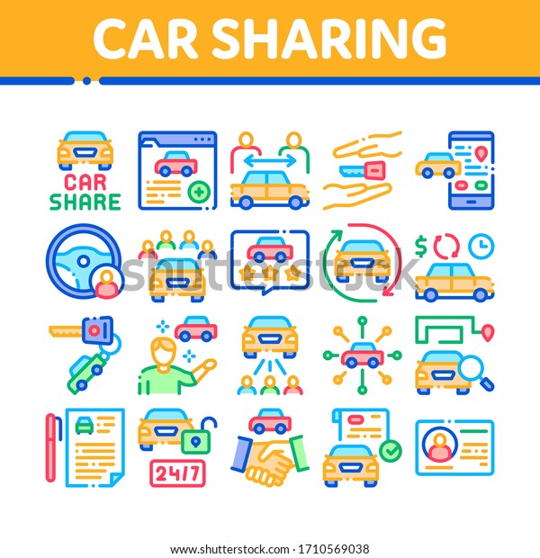 Car\
Sharing Business Collection Icons Set Vector. Car Share Deal And\
Agreement, Web Site And Phone Application, Key And Driver License\
Concept Linear Pictograms. Color\
Illustrations