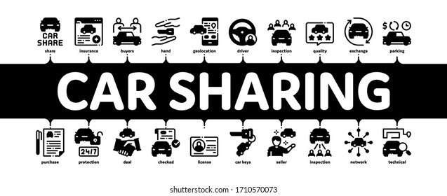 Car Sharing Business Minimal Infographic Web Banner Vector. Car Share Deal And Agreement, Web Site And Phone Application, Key And Driver License Illustrations