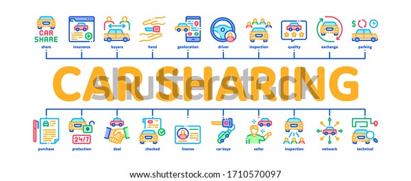 Car Sharing Business Minimal\
Infographic Web Banner Vector. Car Share Deal And Agreement, Web\
Site And Phone Application, Key And Driver License\
Illustrations