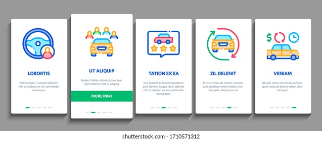Car Sharing Business Onboarding Mobile App Page Screen Vector. Car Share Deal And Agreement, Web Site And Phone Application, Key And Driver License Color Contour Illustrations
