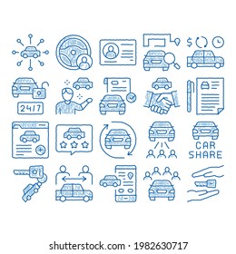 Car Sharing Business sketch icon vector. Hand drawn blue doodle line art Car Share Deal And Agreement, Web Site And Phone Application, Key And Driver License Illustrations