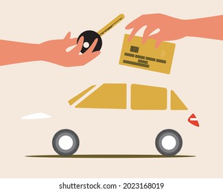 Compartir un coche, comprar, pagar un coche. Ilustración de material vectorial plano. Préstamo para automóvil o compra de transporte. Tarjeta de crédito para reservar o compartir coche. Un avto comprado a crédito. Ilustración aislada