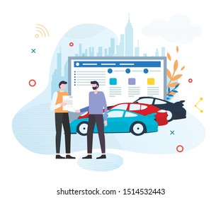 Car Sharing, Buying or Renting Service Advertising Cartoon Flat Vector Illustration. Person Choosing Vehicle and Signing Contact. Man Ordering Sport Car. Two Characters Shaking Hands.