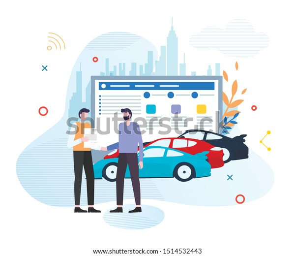 Car\
Sharing, Buying or Renting Service Advertising Cartoon Flat Vector\
Illustration. Person Choosing Vehicle and Signing Contact. Man\
Ordering Sport Car. Two Characters Shaking\
Hands.