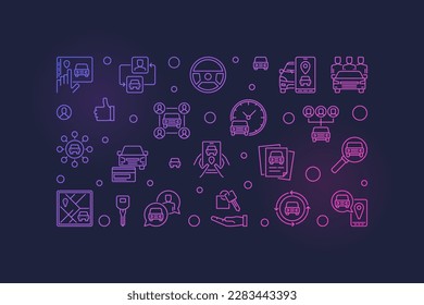 Car Sharing colorful horizontal banner - Carsharing concept vector modern line illustration on dark background