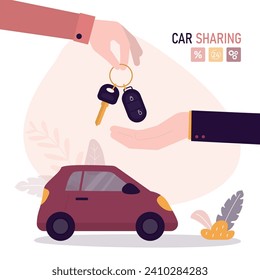 Car sharing, concept banner. Buy or rent new or used modern car. Dealer hand gives the key chain to the buyer. Sale and leasing cars, automotive services, insurance, car purchase. vector illustration