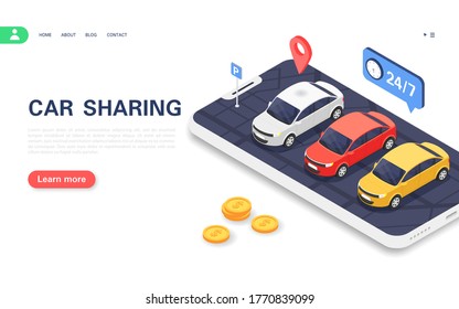 Car sharing concept banner. Parking with cars for customers on the smartphone screen. Vector isometric illustration.
