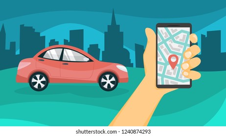 Car sharing concept. Book a car by a app on the mobile phone. Transportation service online. Travel concept. Isolated flat vector illustration