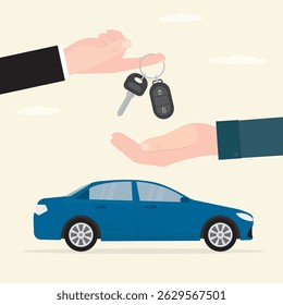Car sharing, concept. Buy or rent new or used modern car. Dealer hand gives the key chain to the buyer. Sale and leasing cars, automotive services, insurance, car purchase. flat vector illustration
