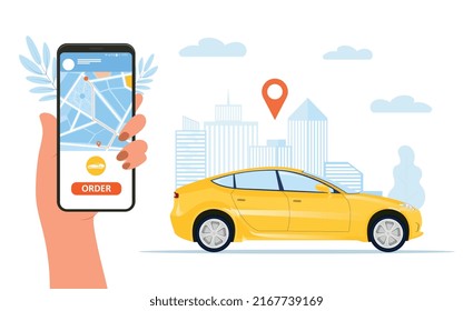 Car sharing concept. Character with smartphone pays for opportunity to use vehicle. Modern technologies and comfortable service.