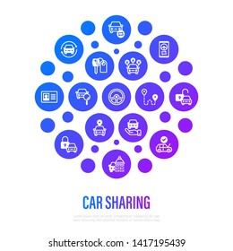 Car sharing concept in circle shape. Mobile app on smartphone, driver license, toute, key, car inspection, route, open and close car, sync thin line icons. Vector illustration.