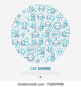 Car sharing concept in circle with thin line icons of driver's license, key, blocked car, pointer, available, searching of car. Vector illustration for banner, web page, print media.