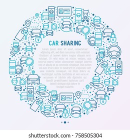 Car sharing concept in circle with thin line icons of driver's license, key, blocked car, pointer, available, searching of car. Vector illustration for banner, web page, print media.