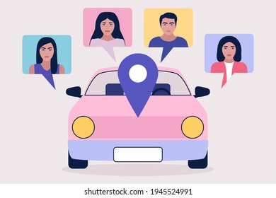 Concepto de uso compartido de automóviles. Ilustración de vector plana colorida.