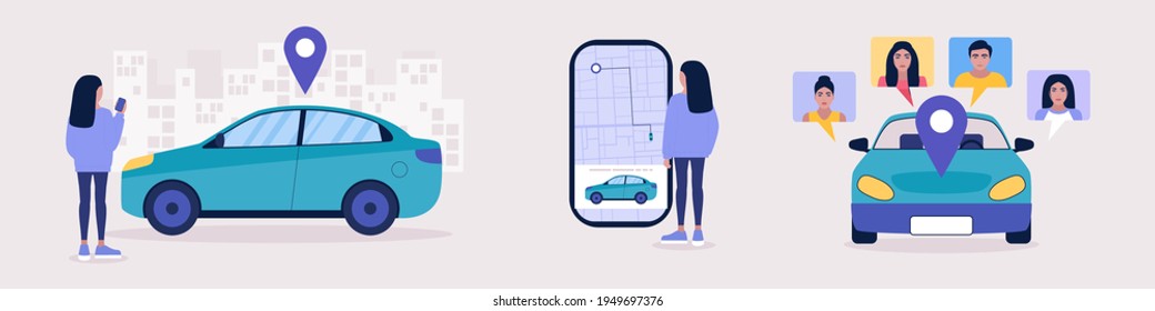 Concepto de uso compartido de automóviles. Ilustración de vector plana colorida.