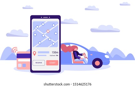 Car sharing concept. The driver woman rented a car through a mobile application by paying a rental with contactless payment technology. Flat vector illustration