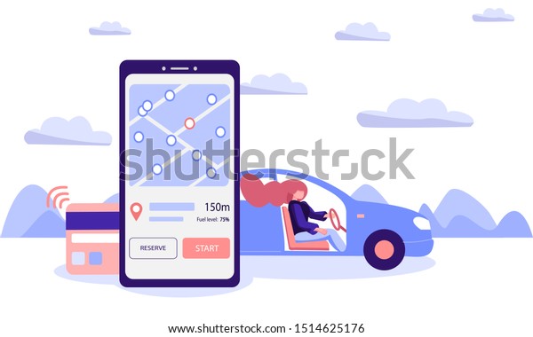 Car sharing concept. The driver\
woman rented a car through a mobile application by paying a rental\
with contactless payment technology. Flat vector\
illustration