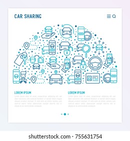 Car sharing concept in half circle with thin line icons of driver's license, key, blocked car, pointer, available, searching of car. Vector illustration for banner, web page, print media.