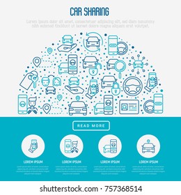 Car sharing concept in half circle with thin line icons of driver's license, key, blocked car, pointer, available, searching of car. Vector illustration for banner, web page, print media.