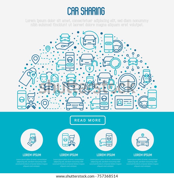 Car sharing concept in half circle with thin line\
icons of driver\'s license, key, blocked car, pointer, available,\
searching of car. Vector illustration for banner, web page, print\
media.