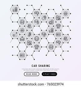 Car sharing concept in honeycombs with thin line icons of driver's license, key, blocked car, pointer, available, searching of car. Vector illustration for banner, web page, print media.