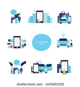 Conjunto de ilustraciones de concepto de uso compartido de Camiones, perfecto para banner, aplicación móvil, Conjunto de iconos aislados en fondo blanco. Ilustración vectorial al estilo de las caricaturas planas. 