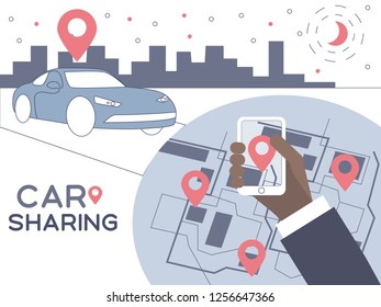 Car sharing concept included car, location sign, city, map, hand holding phone, mobile app and map. Modern vector line art style illustration. Man looking for the car in the city at night.