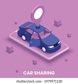 Car sharing concept with location and driving symbols isometric vector illustration