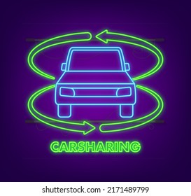 Konzept der gemeinsamen Nutzung von Fahrzeugen. Neonsymbol. Carsharing Vektorsymbol auf weißem Hintergrund. Illustration für das Design von mobilen Anwendungen. Flache Vektorgrafik