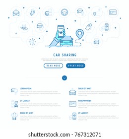 Konzept der gemeinsamen Nutzung von Fahrzeugen: Durchsuchen eines Autos über eine mobile App mit Symbolen für dünne Linien: Führerschein, Schlüssel, blockierter Wagen, Zeiger. Vektorgrafik, Webseitenvorlage.