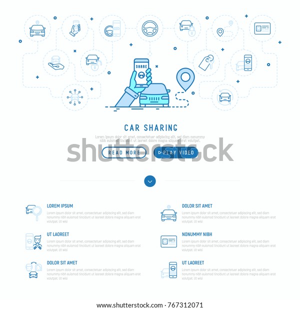 カーシェアリングのコンセプト モバイルアプリで車を検索し 細い線のアイコンを付けます 運転免許証 鍵 ブロック車 ポインター ベクターイラスト ウェブページテンプレート のベクター画像素材 ロイヤリティフリー