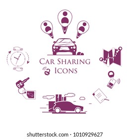Car Sharing concept. Simple vector icons of high quality in a flat design. Illustrations set.