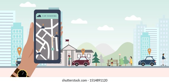 Car sharing concept template for banner, background, web, mobile application, poster. Hand with smartphone shows on mobile app geo tags of cars for rent, City landscape. colorful vector illustration