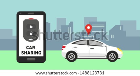 Car sharing concept. White car in the city and car key on the screen. Vector illustration.