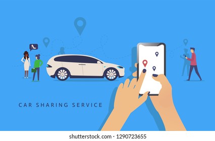 Car sharing concept, white car and hand holding smartphone and maps with carsharing app and people, flat vector illustration. 