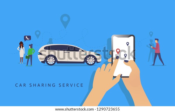 Car sharing concept, white car and hand holding\
smartphone and maps with carsharing app and people, flat vector\
illustration. 