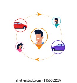 Car Sharing Cycle Infographic. Joint Transport Rental for Journey. Flat Man and Girl Character in Round Tag. Passenger Communication for Travel. Collaboration Reserve, Renting Auto for Ride.