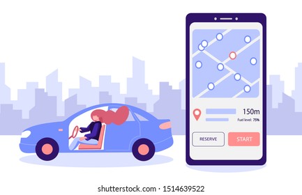 Car sharing. Driver rides in a car rented in an app for booking a car on a background of the city landscape. On screen of the smartphone, a map with locations of available cars. Vector illustration.