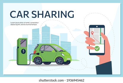 Car Sharing. The Electric Car Charges The Battery Using The Charging Station, Order The Car Through The App. Vector Illustration In A Flat Style On A White Background