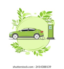 Car sharing. An electric car charges its battery using a charging station. Vector illustration in flat style with city background