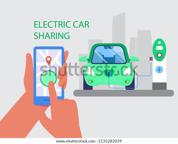 Car sharing and electro car charging concept. Hand\
holding mobile phone with app on city background. Vector\
illustration in flat style